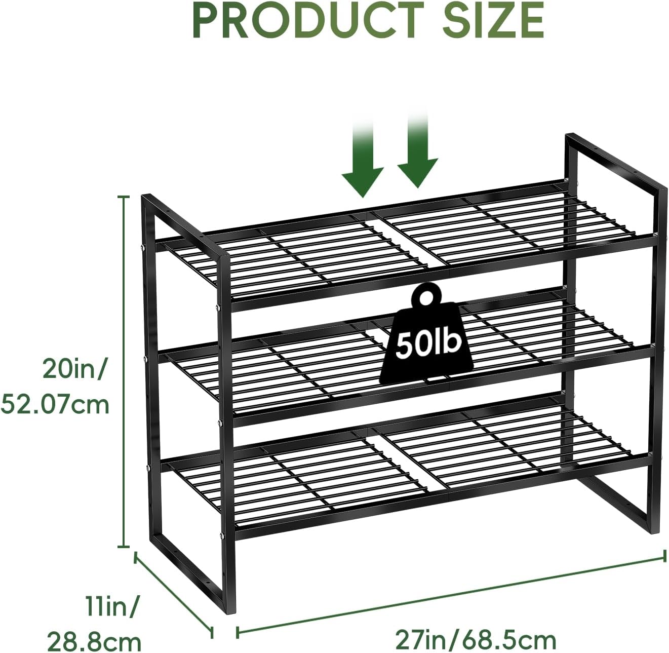 5-Tier Wide Shoe Rack, Metal Shoe Organizer for Closet, Stackable Freestanding Shoe Storage Shelf with Sturdy Wire Grid, Large Capacity Durable Shoe Rack for Entryway Bedroom, Black