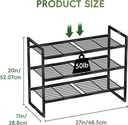 5-Tier Wide Shoe Rack, Metal Shoe Organizer for Closet, Stackable Freestanding Shoe Storage Shelf with Sturdy Wire Grid, Large Capacity Durable Shoe Rack for Entryway Bedroom, Black