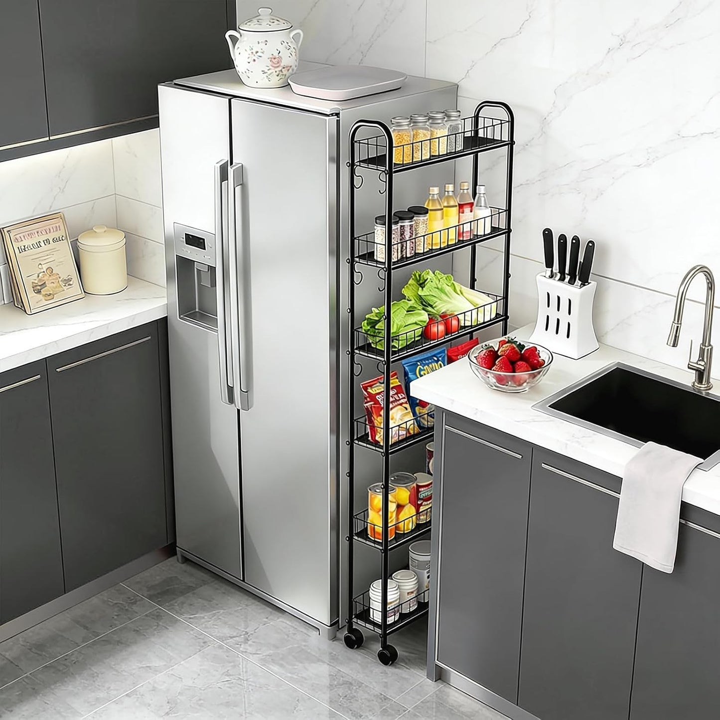 10in 6-Tier Slim Storage Cart with Wheels, Metal 10in Wide Black Narrow Rolling Shelf, Sturdy Slim Storage with Hooks Ideal for Kitchen, Bathroom, and Laundry Room