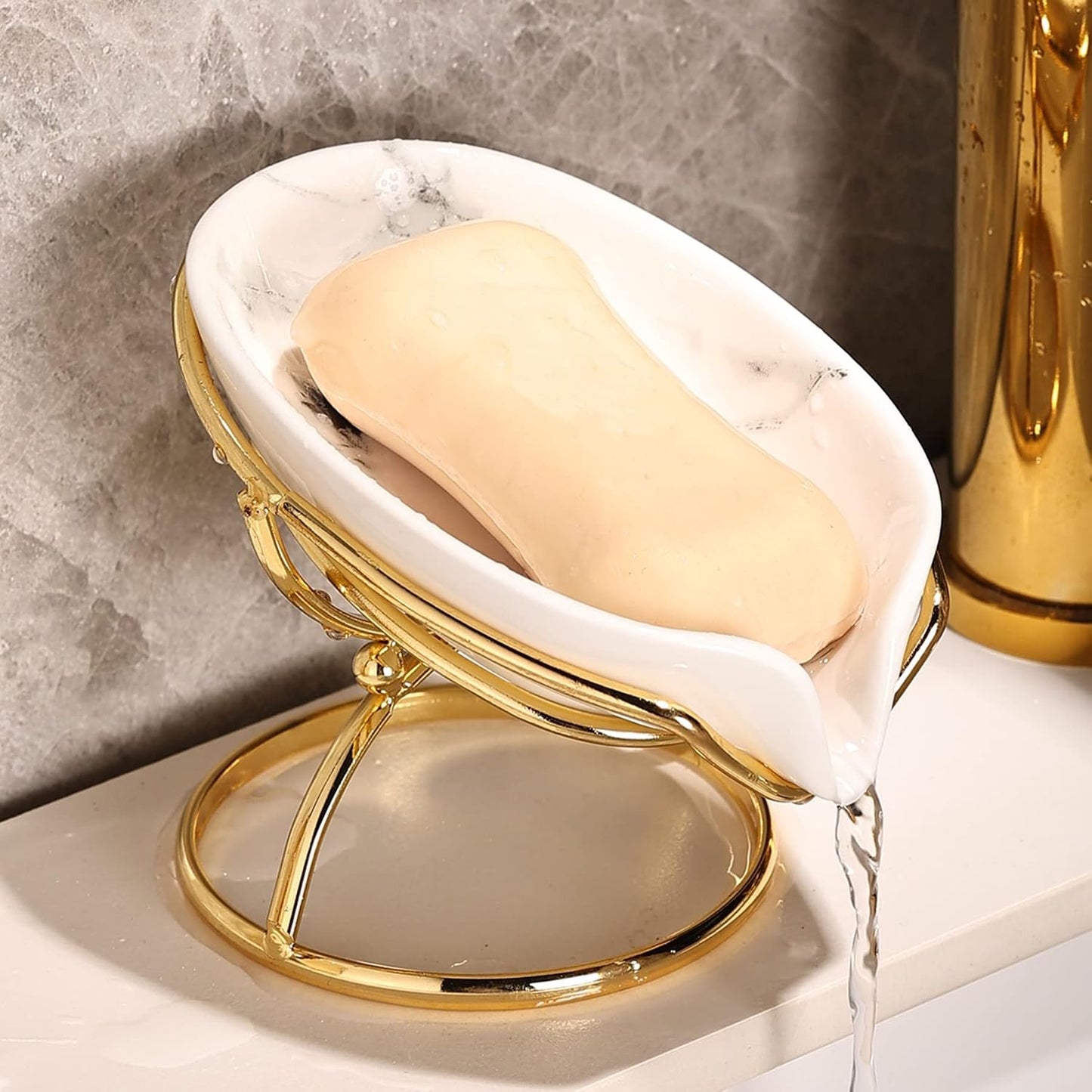 Dobbyby Leaf-Shaped Soap Dish – Premium Ceramic Soap Bar Holder with Self-Drainage System – Bar Soap Holder for Shower, Bathroom Sink, Kitchen – Waterfall Soap Dish with Stainless Steel Stand (SLIVER)