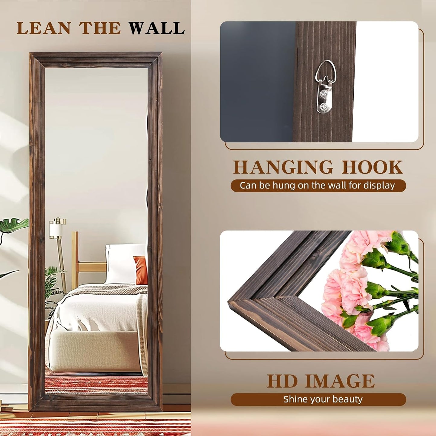 Full Length Mirror 65"x22" with Stand Solid Wood Frame Floor Large Mirror for Living Room, Bedroom Hanging Standing or Leaning Wall-Mounted, New Black