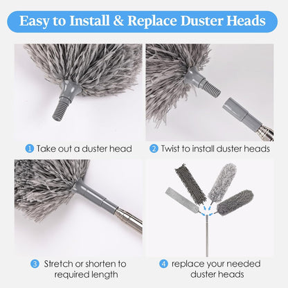 Microfiber Feather Duster 5-in-1 Kit with Extension Pole, Washable Cleaning Duster Set with 3 Duster Heads, Cobweb Duster, Corner Brush, 100'' Extendable Long Duster for High Ceilings, Fans, Furniture