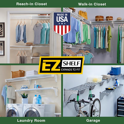 EZ SHELF- Closet Shelf with Hanging Rod, Expands 40.5-73", White, Closet Shelves Hold 200 lbs, Easy Install Closet Organizer to 2 Side Walls, Alternate for Closet Wire Shelving & Laundry Room Shelves