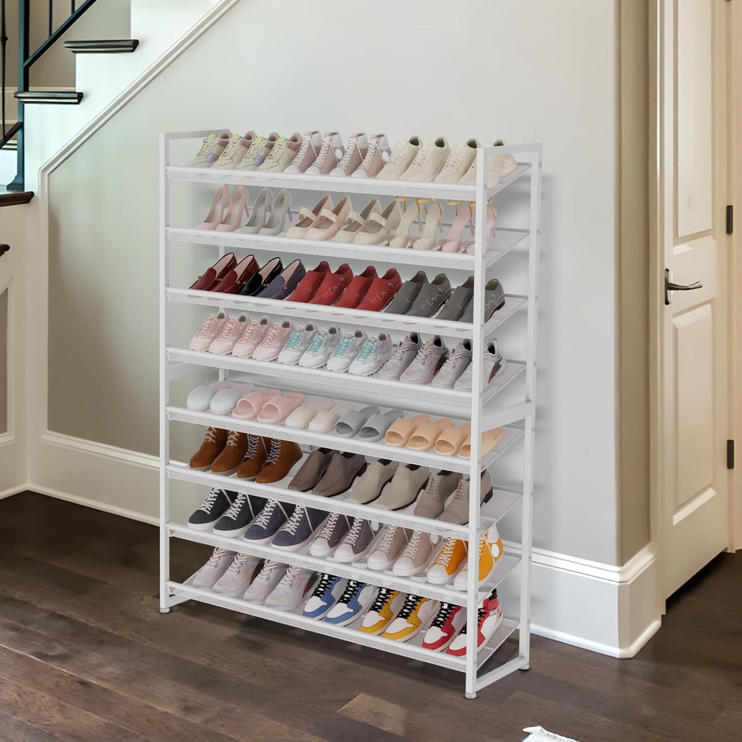 Large Shoe Rack 8 Tier Shoe Organizer, Heavy Duty Metal 4-Tier Stackable Shoe Storage Vertical Shoe Rack for Closet Front Door Entrance, Up to 50 Pairs, 44.8" W x 11.4" D x 56.7" H, Black