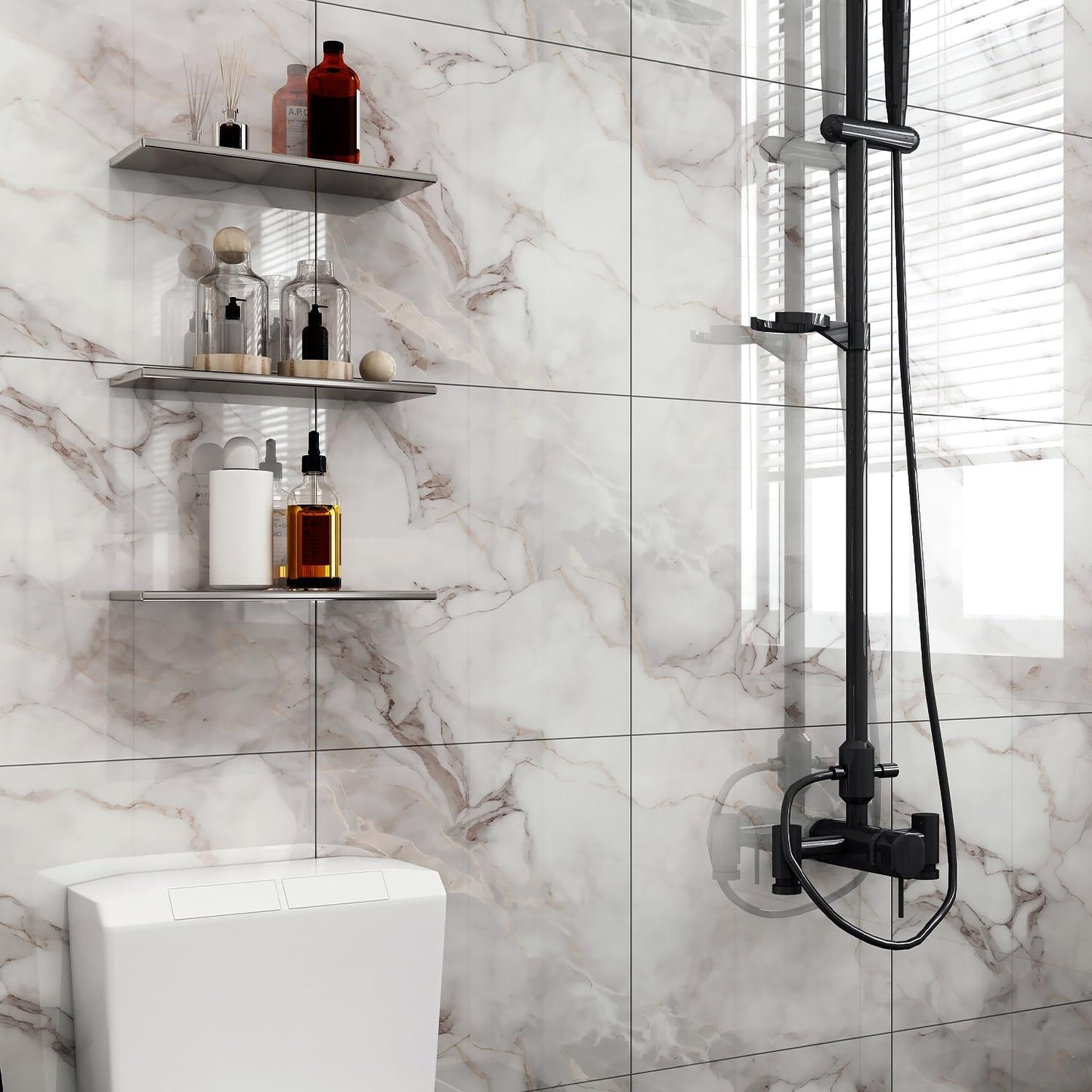 10pcs Peel and Stick Tile Shower Waterproof Marble Tiles Wall Panels, 11.8"x11.8" Self-Adhesive Backsplash Tile, PVC Wall Panels Shower Tiles for Home Bathroom, Kitchen, Living Room Blue