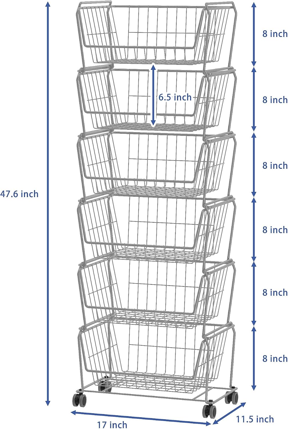 PUSDON 6-Tier Tall Stackable Wire Storage Baskets with Wheels, Vertical Metal Rolling Utility Cart, High Capacity Produce Basket for Kitchen Pantry, Snack Organizer, Matte Black