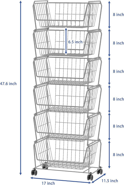 PUSDON 6-Tier Tall Stackable Wire Storage Baskets with Wheels, Vertical Metal Rolling Utility Cart, High Capacity Produce Basket for Kitchen Pantry, Snack Organizer, Matte Black