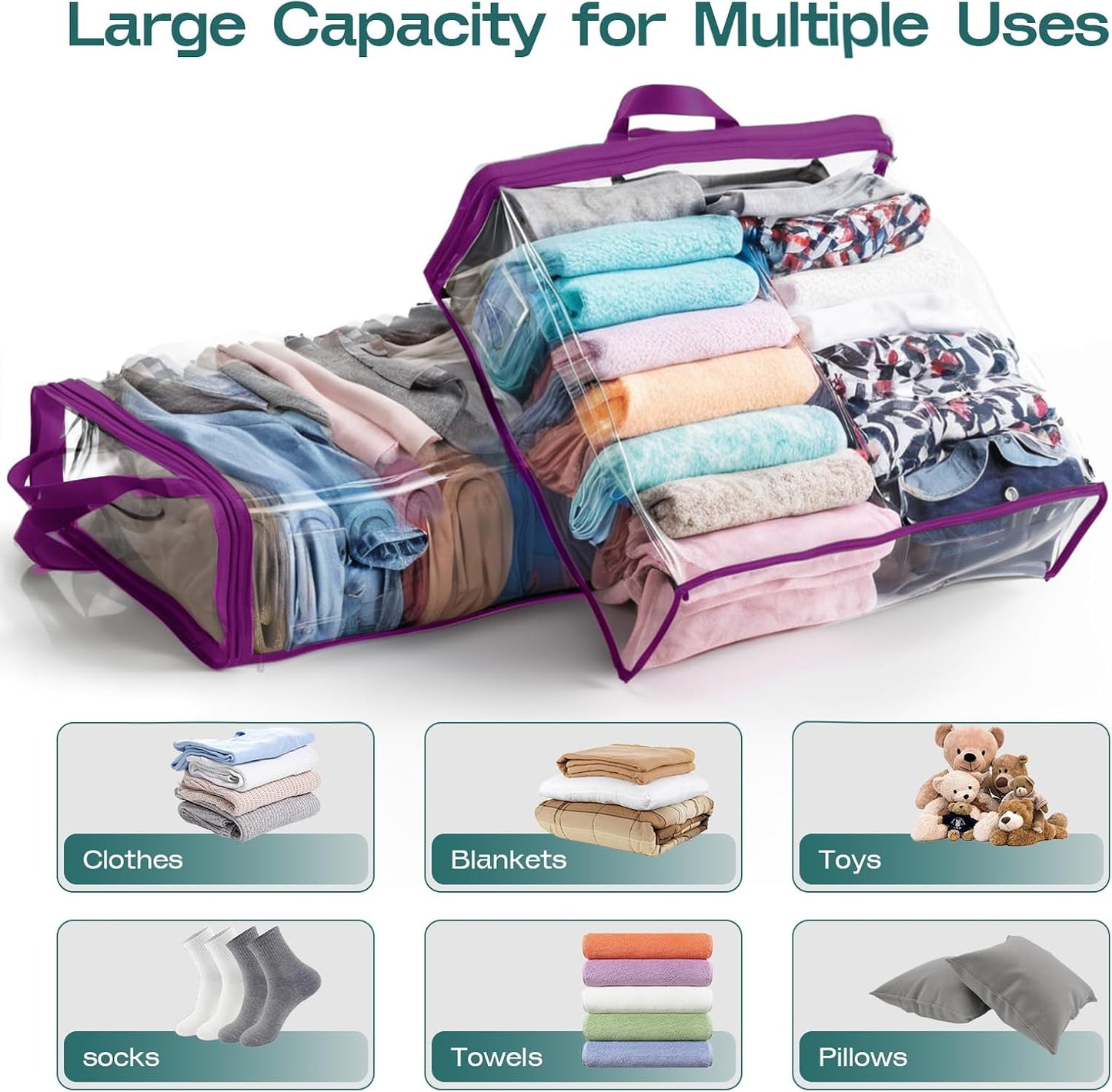 5PACK Clear Zippered Storage Bag for Clothes, 22L Clear Storage Bags, and Blanket Storage Bags for Bedding, Blankets, Comforters, Clothing, Books, DVD & CD (White)
