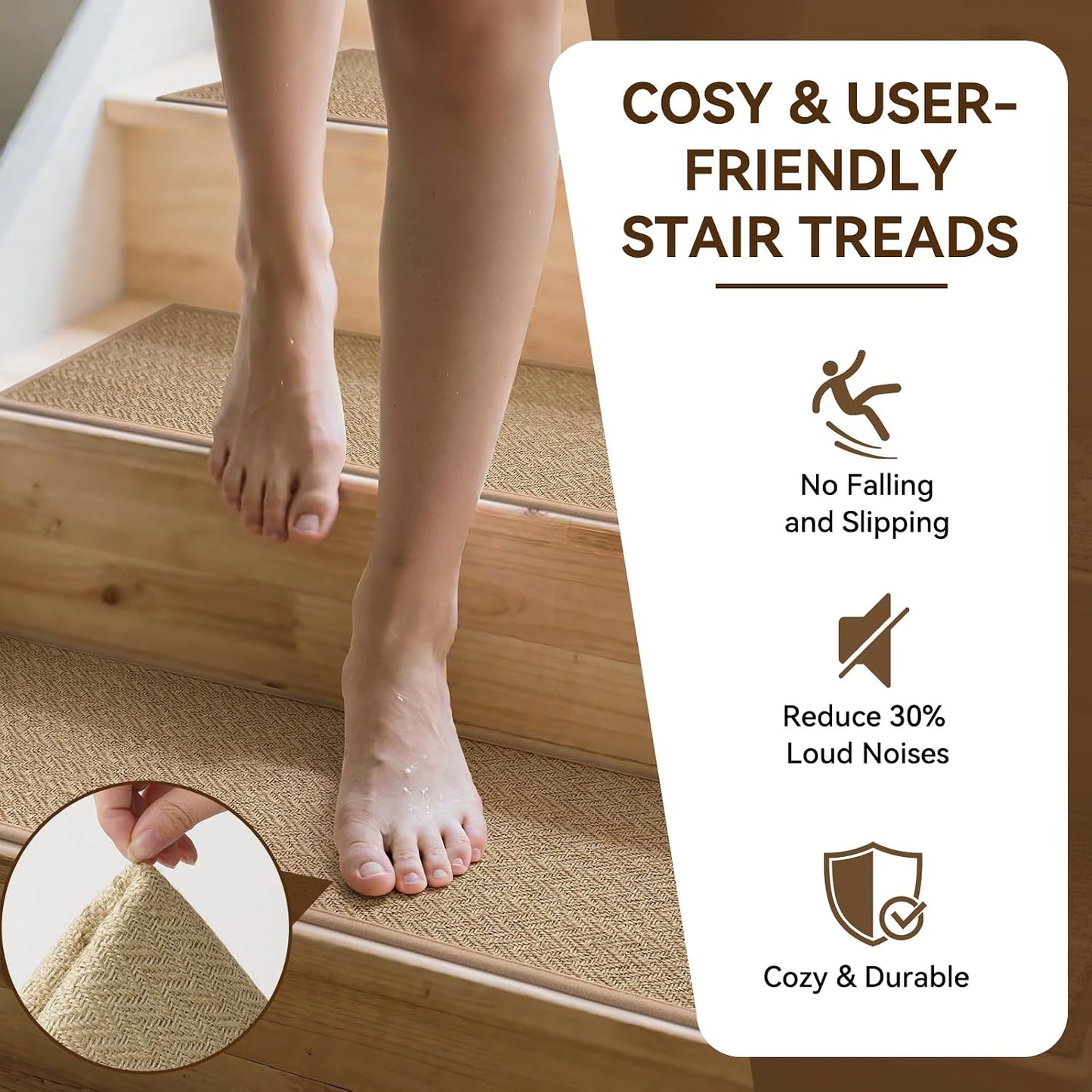 YDKGL Stair Treads Non Slip for Wooden Steps Indoor 15 Pack, Reusable Peel and Stick Adhesive Stair Treads Runner Rugs, Stair Carpet Floor Mats for Elders Pets, Easy to Install, Brown 8" x 30"