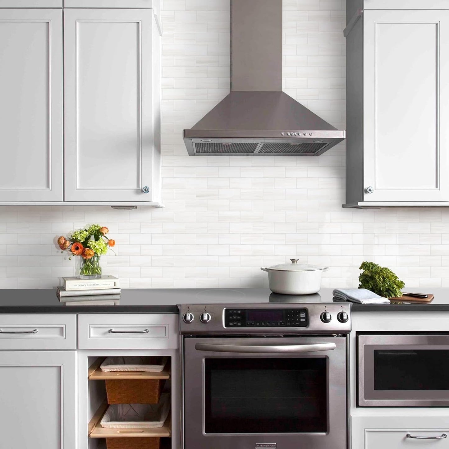Vamos Tile 100-Piece Glossy Dolomite White Peel and Stick Backsplash Tile,3''x6'' PVC Subway Tile with White Grout, Stick on Backsplash for Kitchen/Bathroom/Fireplace