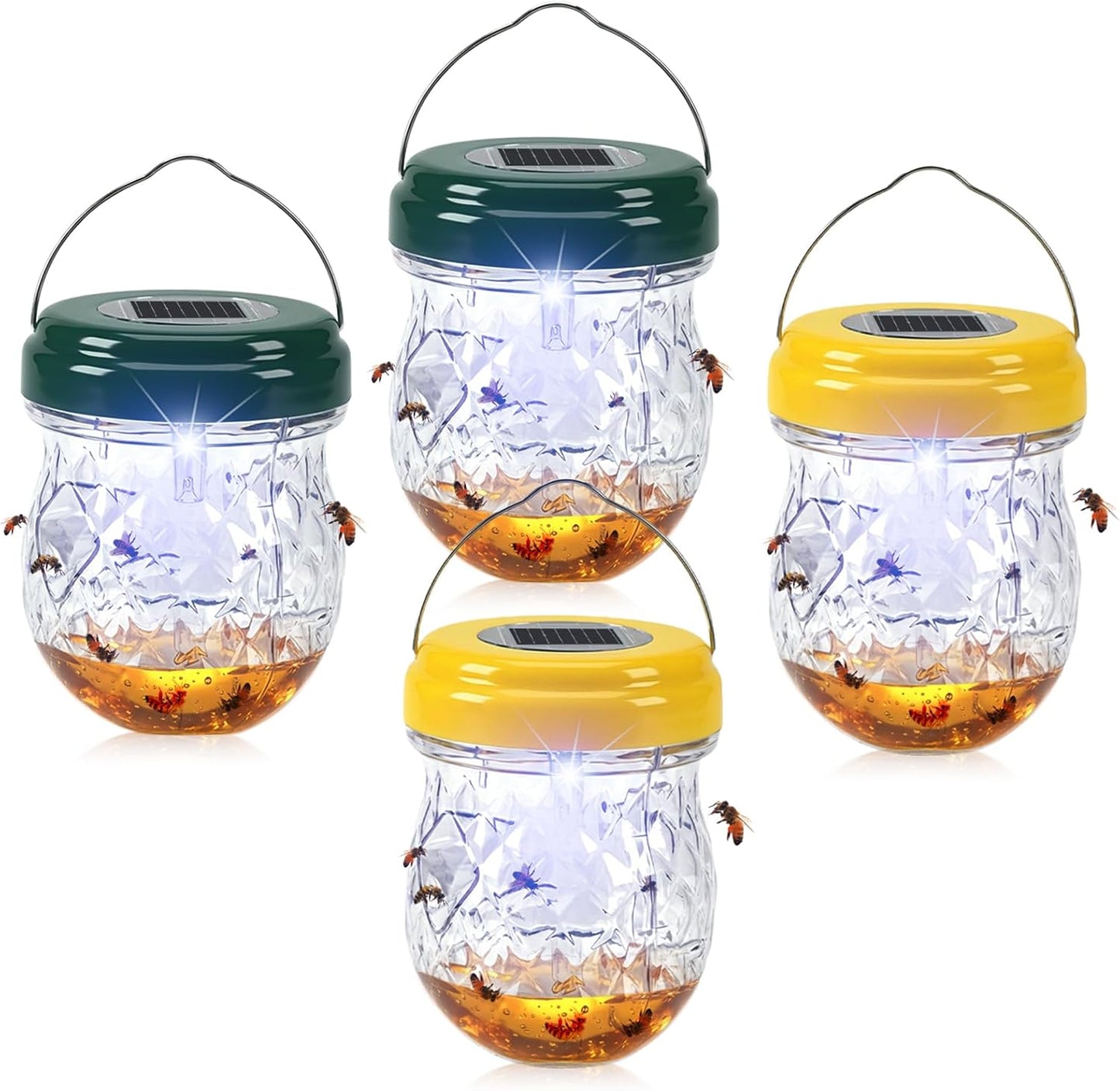 2026 New Wasp Traps Outdoor Hanging with LED Light, 4 Packs Wasp Trap Catcher, Yellow Jacket Traps, Solar Powered Hornet Trap Wasps for Yellow Jackets, Hornets, Waterproof Reusable(Green+Yellow)