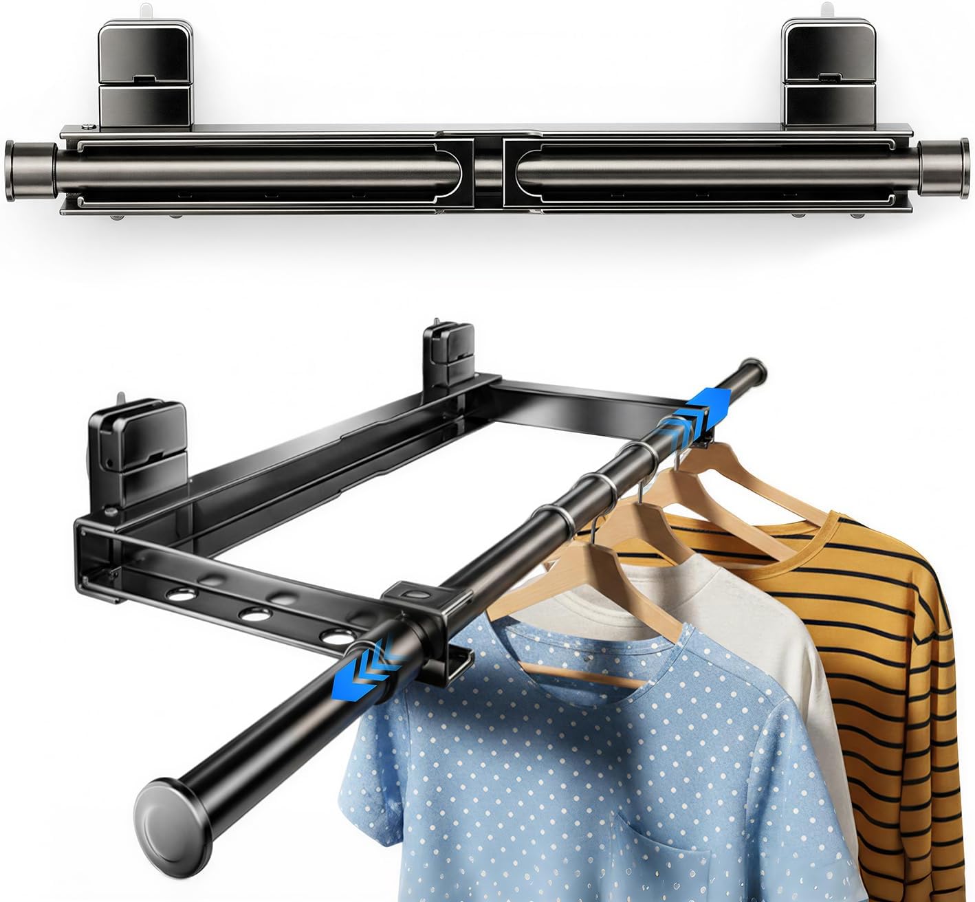 Wall Mounted Drying Rack, Laundry Clothes Drying Rack Foldable, Suction Cup and Telescopic Clothes Drying Pole, Rust-Resistant Carbon Steel No-Drill, Suitable for Flat Surfaces