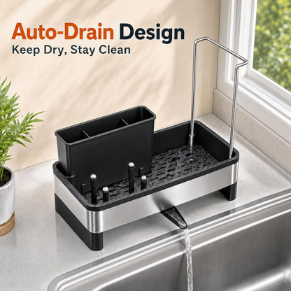 Laveshop Sponge Holder for Kitchen Sink, Rustproof Stainless Steel Sink Caddy with Auto-Drain, Removable Brush Holders, Soap and Dishcloth Organizer, Black