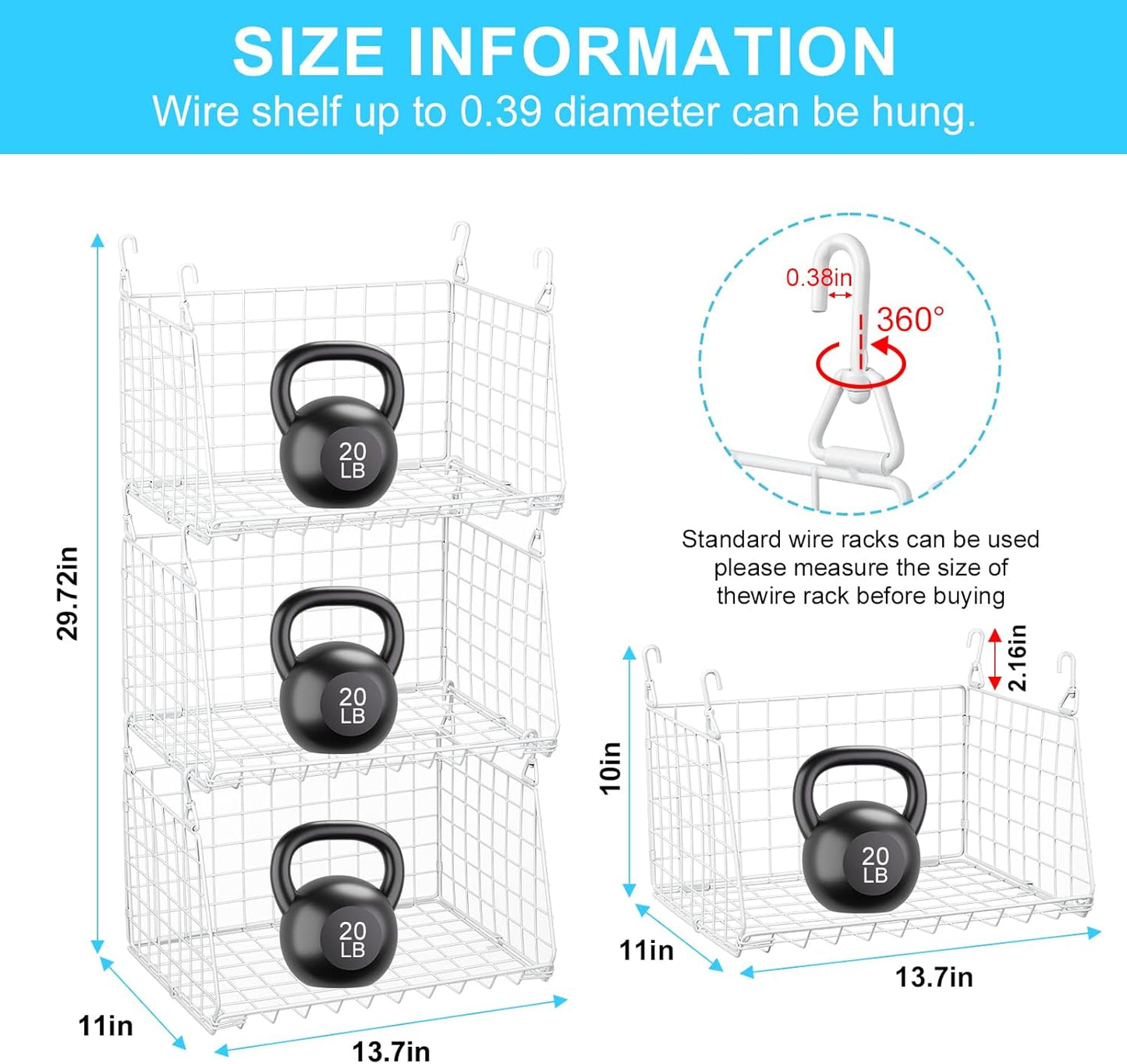 4-Tier Hanging Laundry Room Organizer: Foldable Wire Shelf Basket with 2 Large Hooks 1.65" & 360°Rotating Hooks – Space-Saving Laundry Storage Basket, for Wardrobe Closet Storage, White Patent