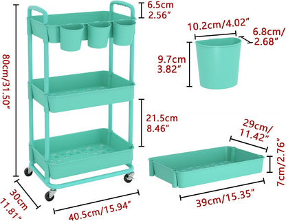 JIUYOTREE 4-Tier Plastic Rolling Storage Cart Utility Cart with Extra Hanging Cups Handles Lockable Wheels for Living Room Bathroom Kitchen Office White
