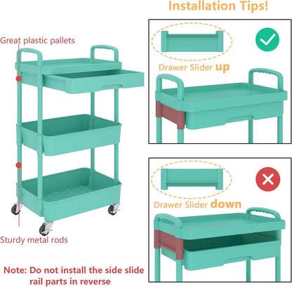 Calmootey 3-Tier Rolling Utility Cart with Drawer,Multifunctional Storage Organizer with Plastic Shelf & Metal Wheels,Storage Cart for Kitchen,Bathroom,Living Room,Office,White