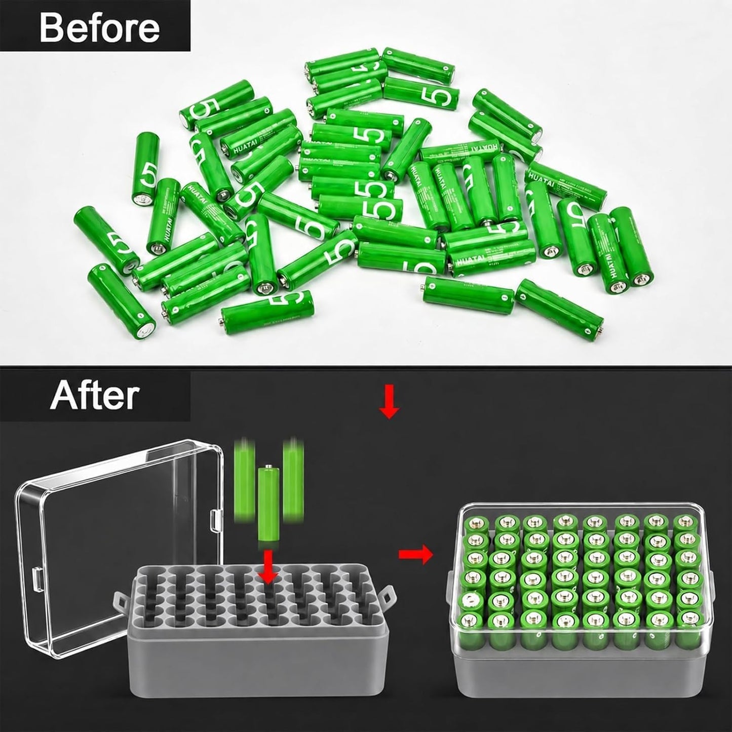 ALCYON Battery Organizer Storage Case, Battery Vault Box Container for 48pcs AA Batteries, Plastic Clear Protective Battery Holder for Travelling/Home/Office (Black, Large)