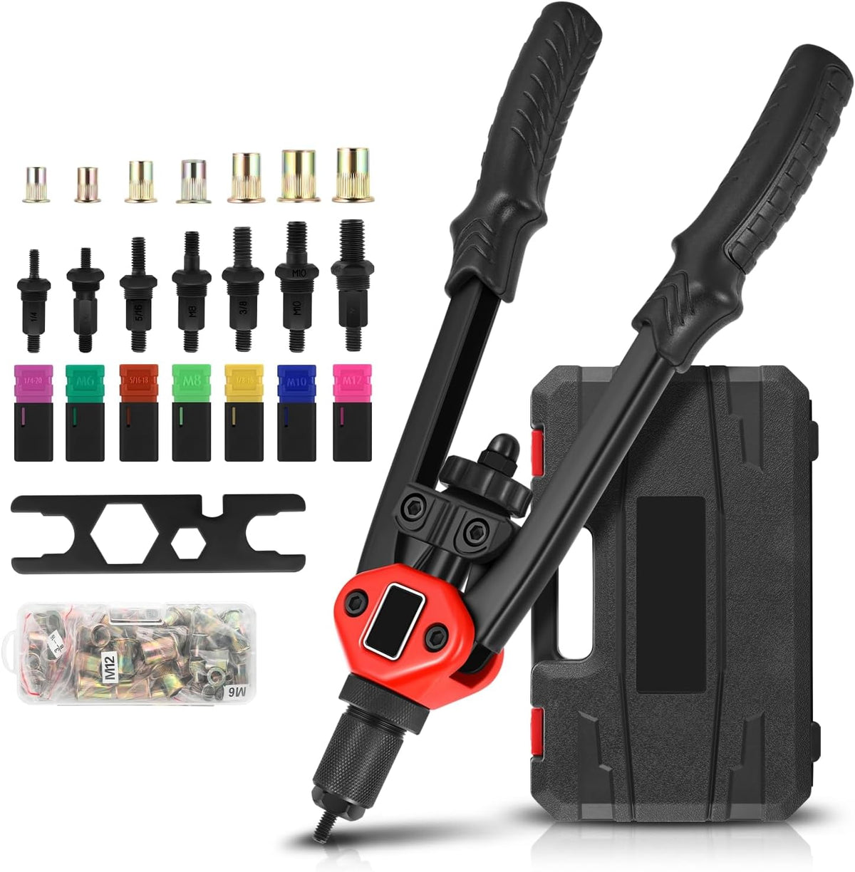 Auto Dynasty 21" Hand Riveter Rivet Nut Tool Set with 5 Guide Nozzle Silver Repair Hand Tool Kit Set for Home Household Office Warehouse