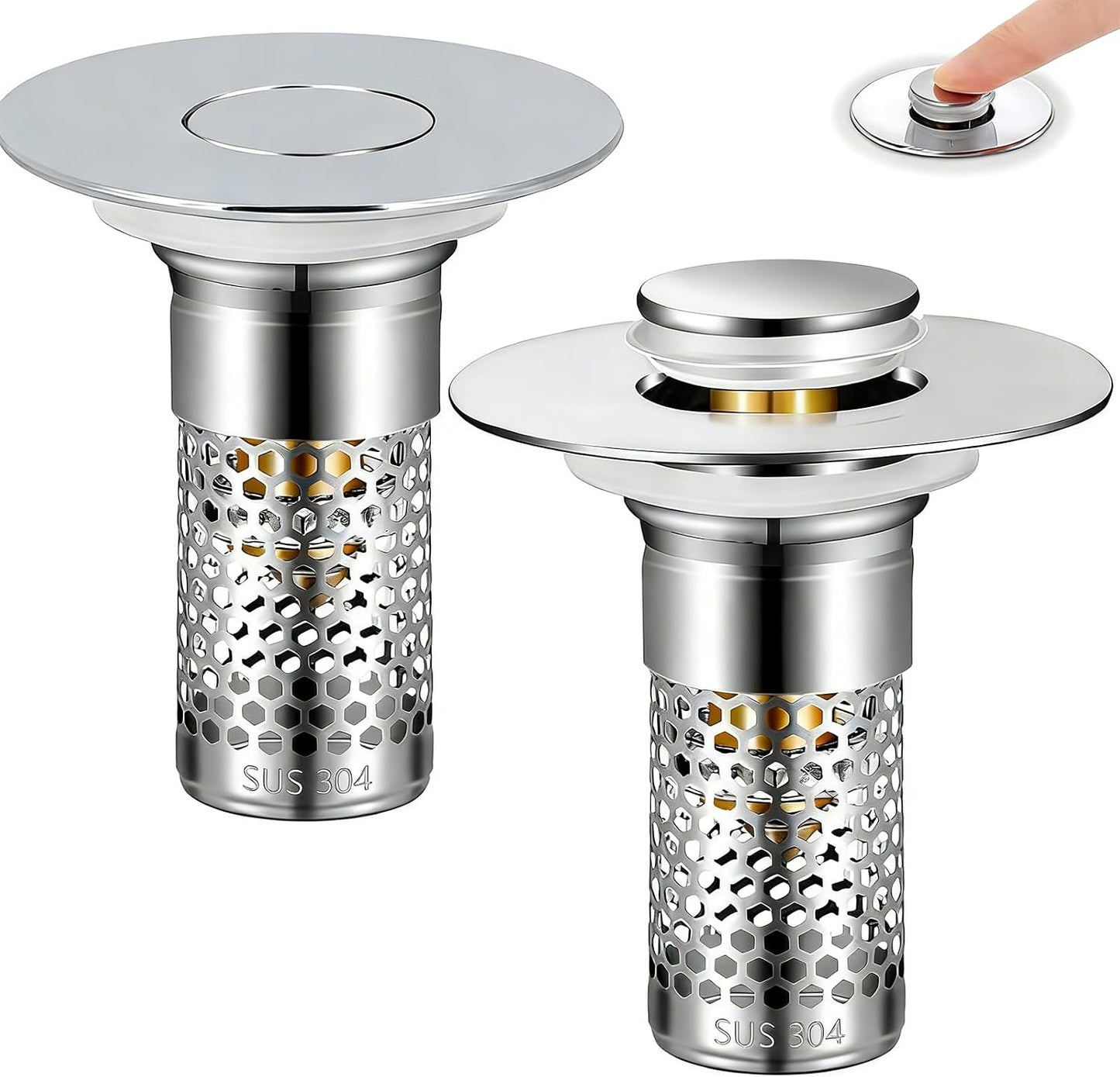 3-in-1 Drain Strainer, Stainless Steel Sink Hair Catcher with Removable Basket & Brass Core, Universal Pop-up Strainer for 1.1-2.36 Inch Drain 2 PCS(SS-01)