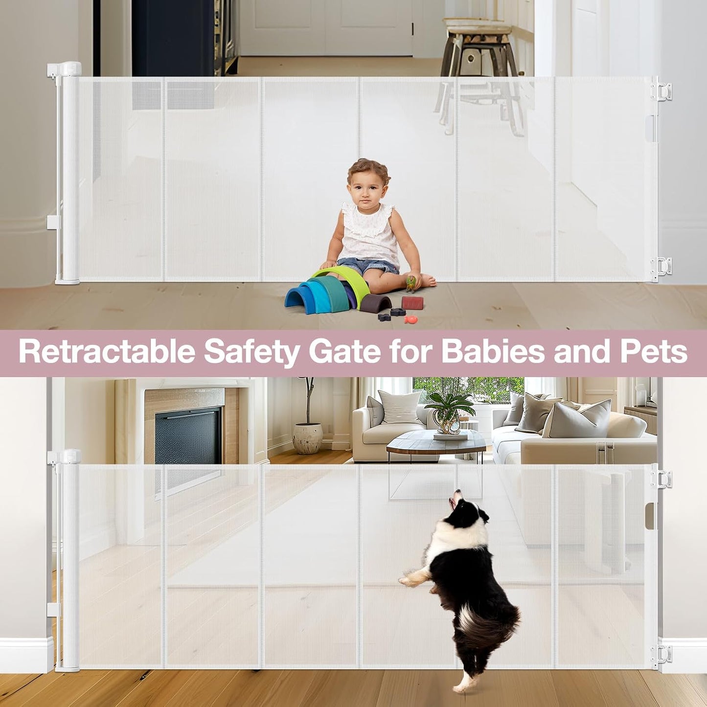 Reinforced 72" Wide Retractable Dog Gate with Support Rods - Prevent Crawling Under Extra Wide Baby Gate Retractable Gate Outdoor, Retractable Pet Gate Long Dog Gate, Mesh Gates for Kids or Pets, Gray