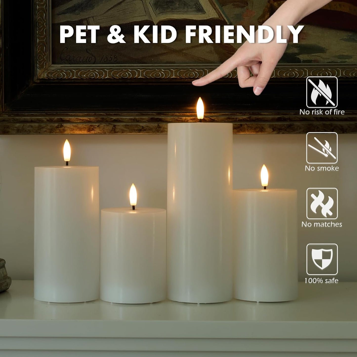 Flickering Flameless Candles, Real Wax Battery Operated Candles with Remote, Flat Top Led Flameless Pillar Candles for Home, Wedding, Party Decor, Set of 4, Φ 3" H 4" 5" 6" 8", Ivory