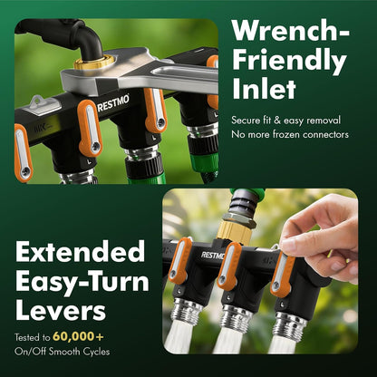 Restmo Garden Hose Splitter, 4 Way Heavy Duty Full Metal Water Spigot Splitter with Shutoff Valve, Outdoor Faucet Spigot Adapter with Extended Levers, 3/4" GHT Thread - Green