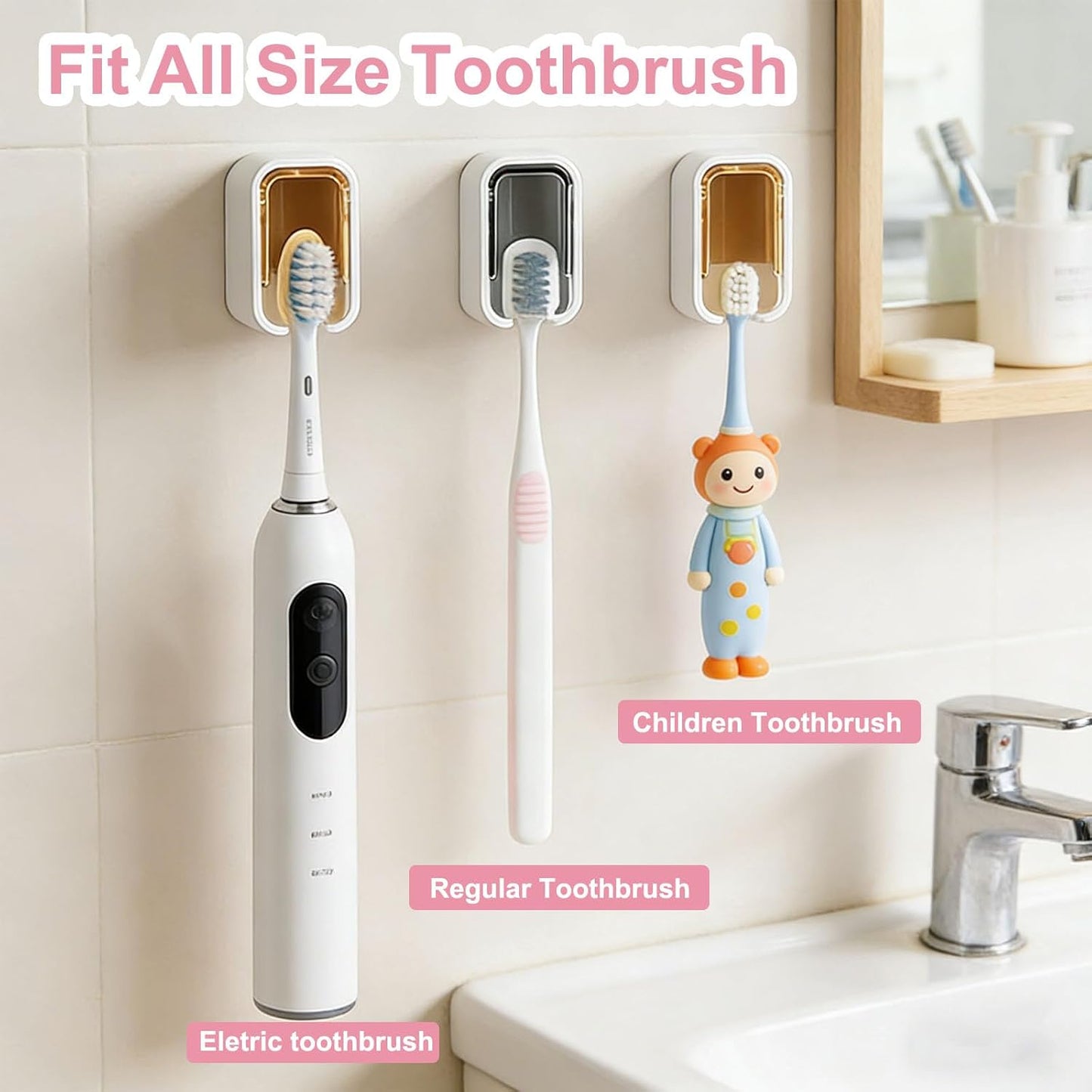 Wall Mounted Toothbrush Holders with Cover for Shower, 2PCS Single Slot Toothbrush Dispenser Storage Organizer for Bathroom, Family & Travel Use (Gray+Brown)
