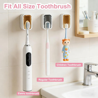 Wall Mounted Toothbrush Holders with Cover for Shower, 2PCS Single Slot Toothbrush Dispenser Storage Organizer for Bathroom, Family & Travel Use (Gray+Brown)