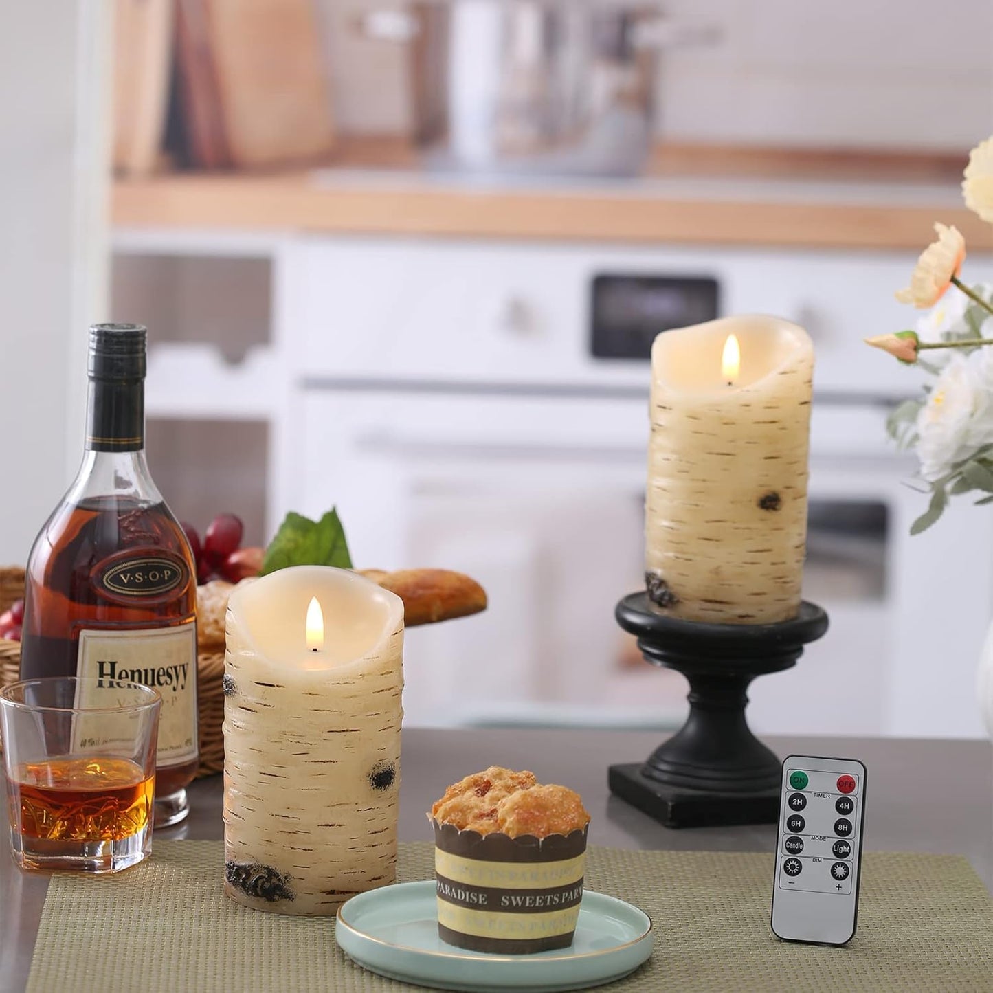 qinxiang Flameless Candles LED Candles Birch Bark Set of 3 (D 3.25" x H 4" 5" 6") Ivory Real Wax Pillar Battery Operated Candles with LED Flame 10-Key Remote Control and Cycling 24 Hours Timer