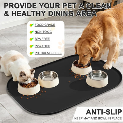 SMILOOL Silicone Pet Food Mat with Raised Edge for Food and Water Bowl, Dog Feeding Mats, Cat Food Trays for Floor Waterproof, Rubber Tray for Dogs and Cats, 19 x 12 x 0.7 Black