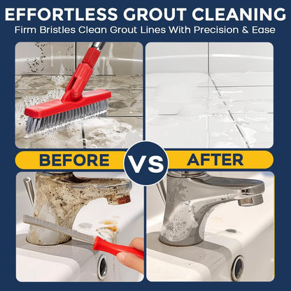 Shower Scrubber with Long Handle, Stiff Bristles Grout-Brush, Tub Scrub-Brush with Long-Handle, Shower-Cleaner Brush, Grout Cleaning Brush for Tile floors, Scouring Pad & Microfiber Cloth for Bathroom