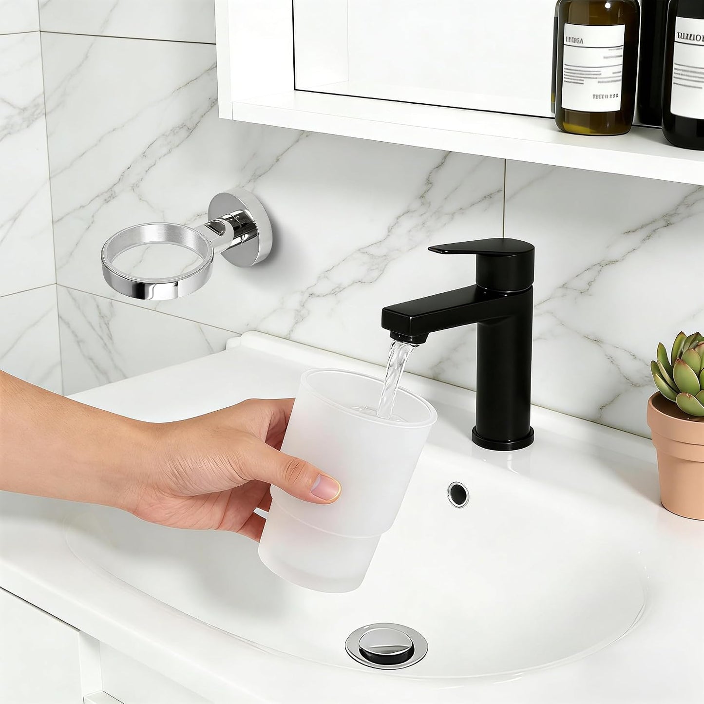 Toothbrush Holder, Wall Mounted Mouthwash Tumbler Holder with Frosted Glass Tumbler for Bathroom&Kitchen,Silver