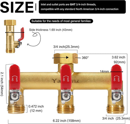 Garden Hose Splitter, 3/4” Rust and Freeze Resistant Outdoor Hose Manifold with 2 Green Extra Long Handles Faucet Adapter-Heavy Duty Brass 2-Way Valve