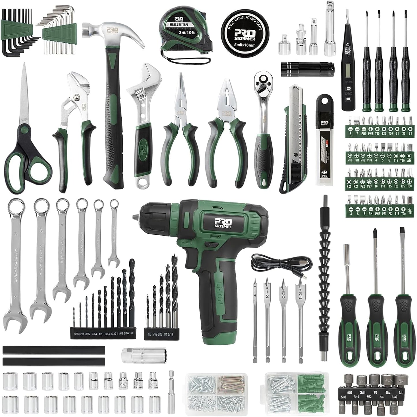 Prostormer Tool Set with 8V Cordless Drill, 369-Piece Home Tool Kit with Drill Driver, Toolbox Storage Case with Drawer, General Household Tools for Home Repairs and DIY, Handyman (Blue)