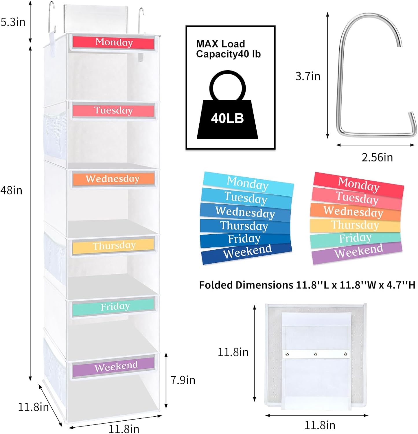 Fixwal 6-Shelf Weekly Clothes Organizer for Kids, Kids Daily Shelf Hanging Closet Organizer with 6 Side Pockets, Days of The Week Hanging Storage Shelves (Pink)