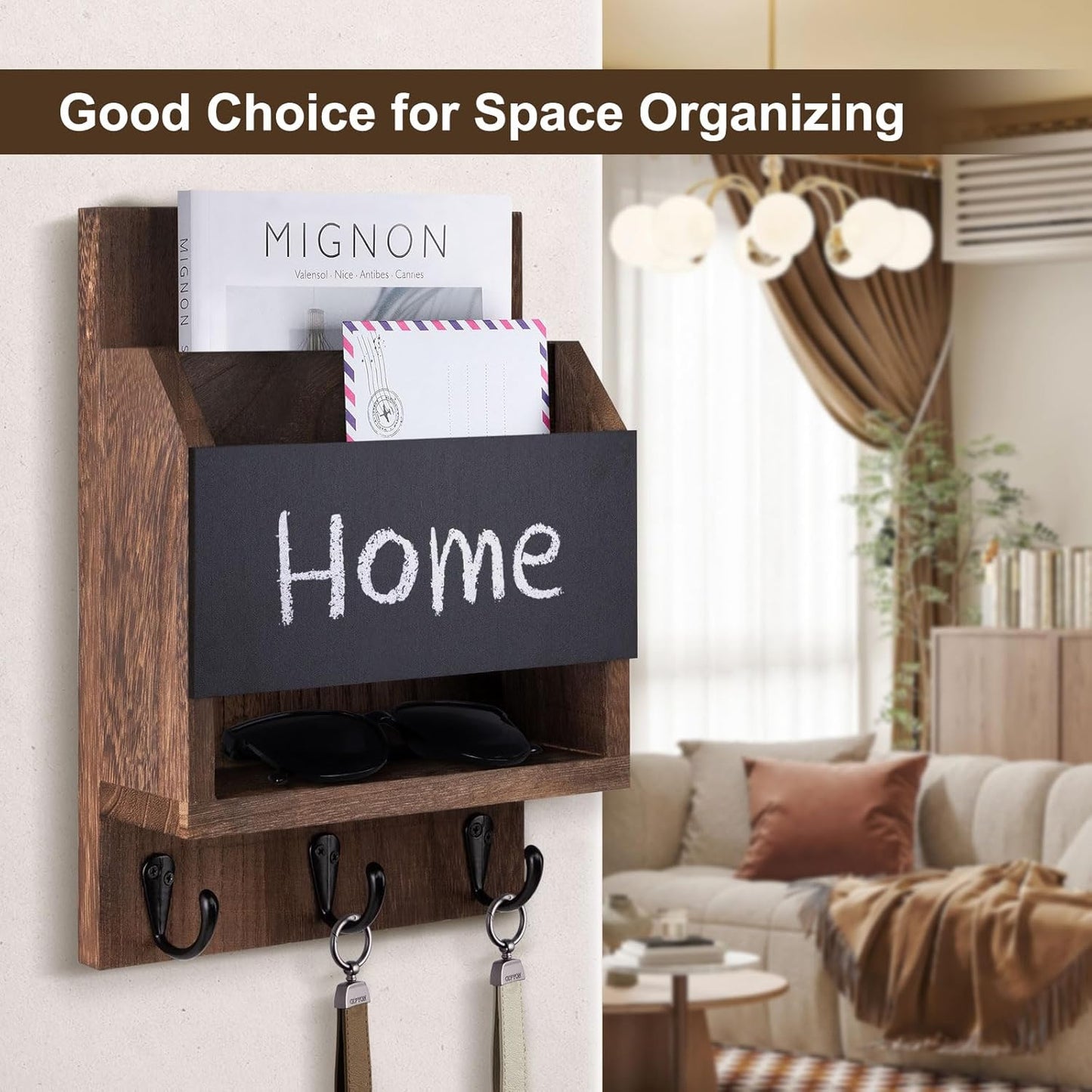 Key and Mail Holder for Wall, Key Holder with Chalkboard and Long Storage Box, Key Hanger with 3 Sturdy Hooks for Coat, Dog Leash, Entryway Mail Organizer (Black)