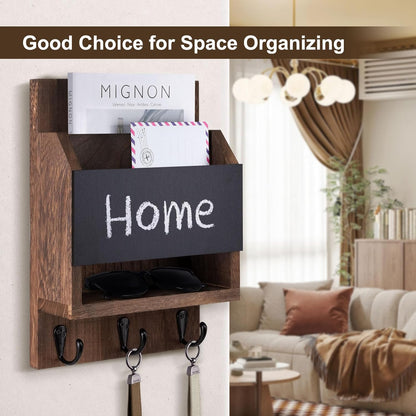 Key and Mail Holder for Wall, Key Holder with Chalkboard and Long Storage Box, Key Hanger with 3 Sturdy Hooks for Coat, Dog Leash, Entryway Mail Organizer (Black)