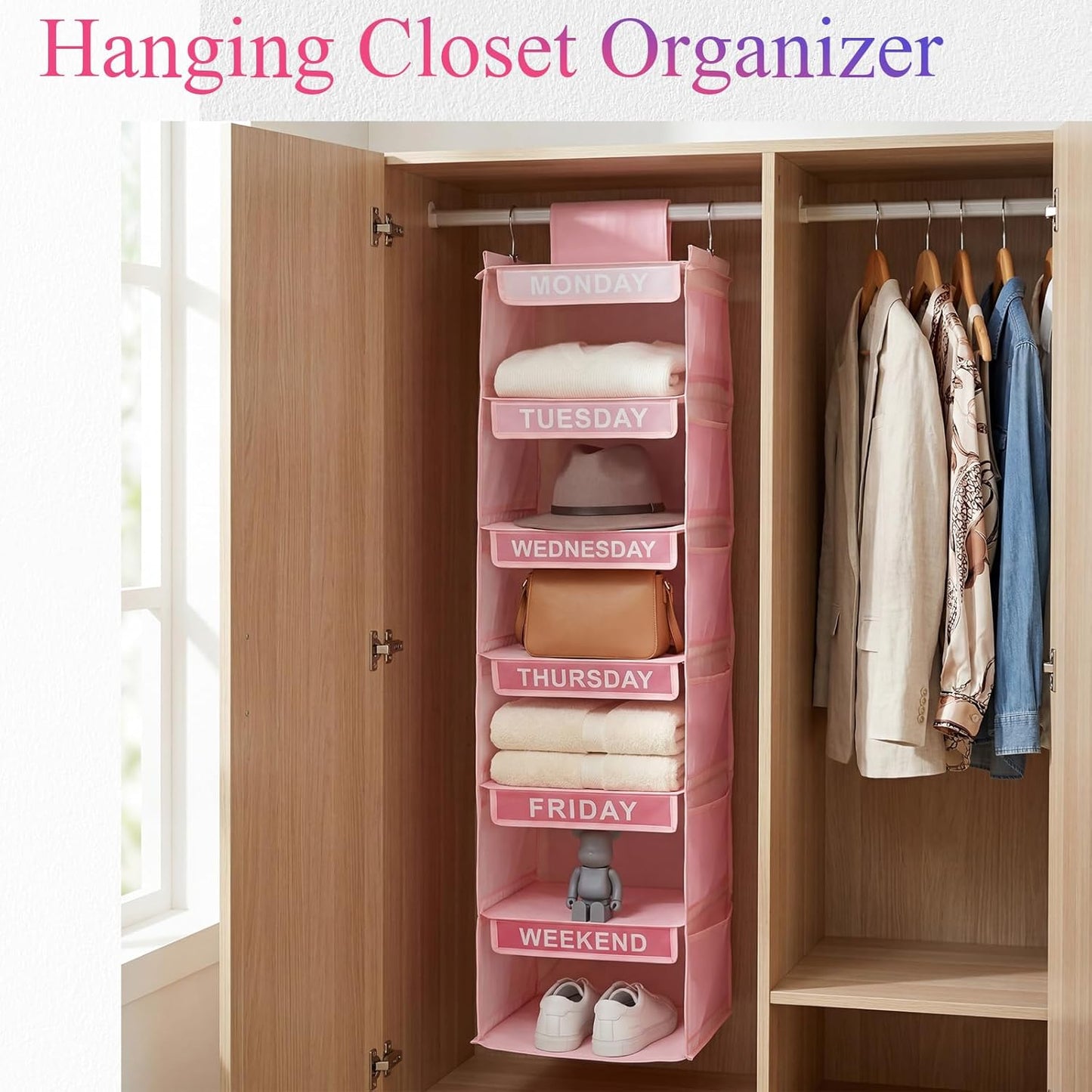 Thyle 6-Shelf Weekly Clothes Organizer for Kids, Hanging Daily Closet Organization with 12 Side Pockets, Pink Days of the Week Clothing Divider Storage for Boys and Girls