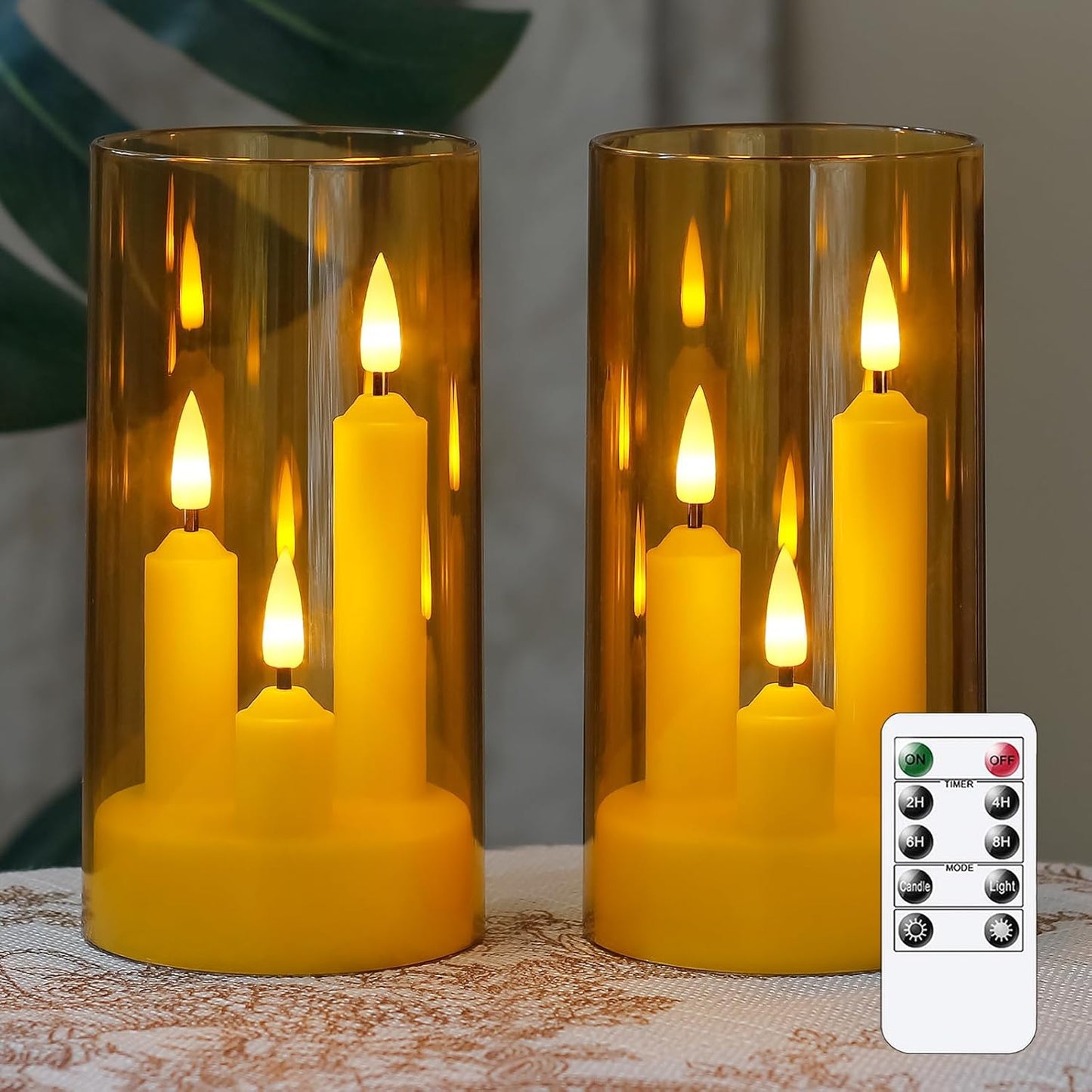 3 in 1 Flameless Taper Short Candles with 10 Key Remote Control and Timer, Battery Operated Pack of 2 LED Acrylic 3" x6" Grey Pillar Flickering Warm Light