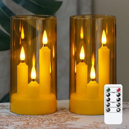 3 in 1 Flameless Taper Short Candles with 10 Key Remote Control and Timer, Battery Operated Pack of 2 LED Acrylic 3" x6" Grey Pillar Flickering Warm Light