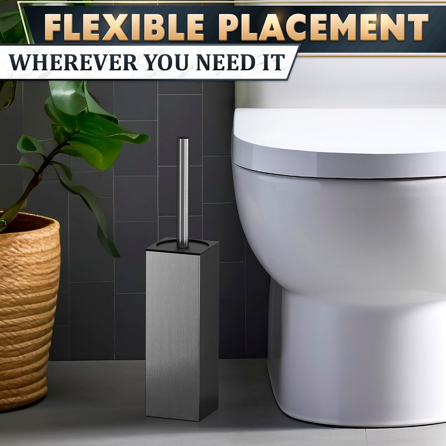 Black Toilet Brush and Holder Set - Slim Matte Design that Fits Anywhere - Stainless Steel Toilet Bowl Brush and Holder with 2 Rounded Corners, Replaceable Head, Removable Inner Bowl & Splash Guard