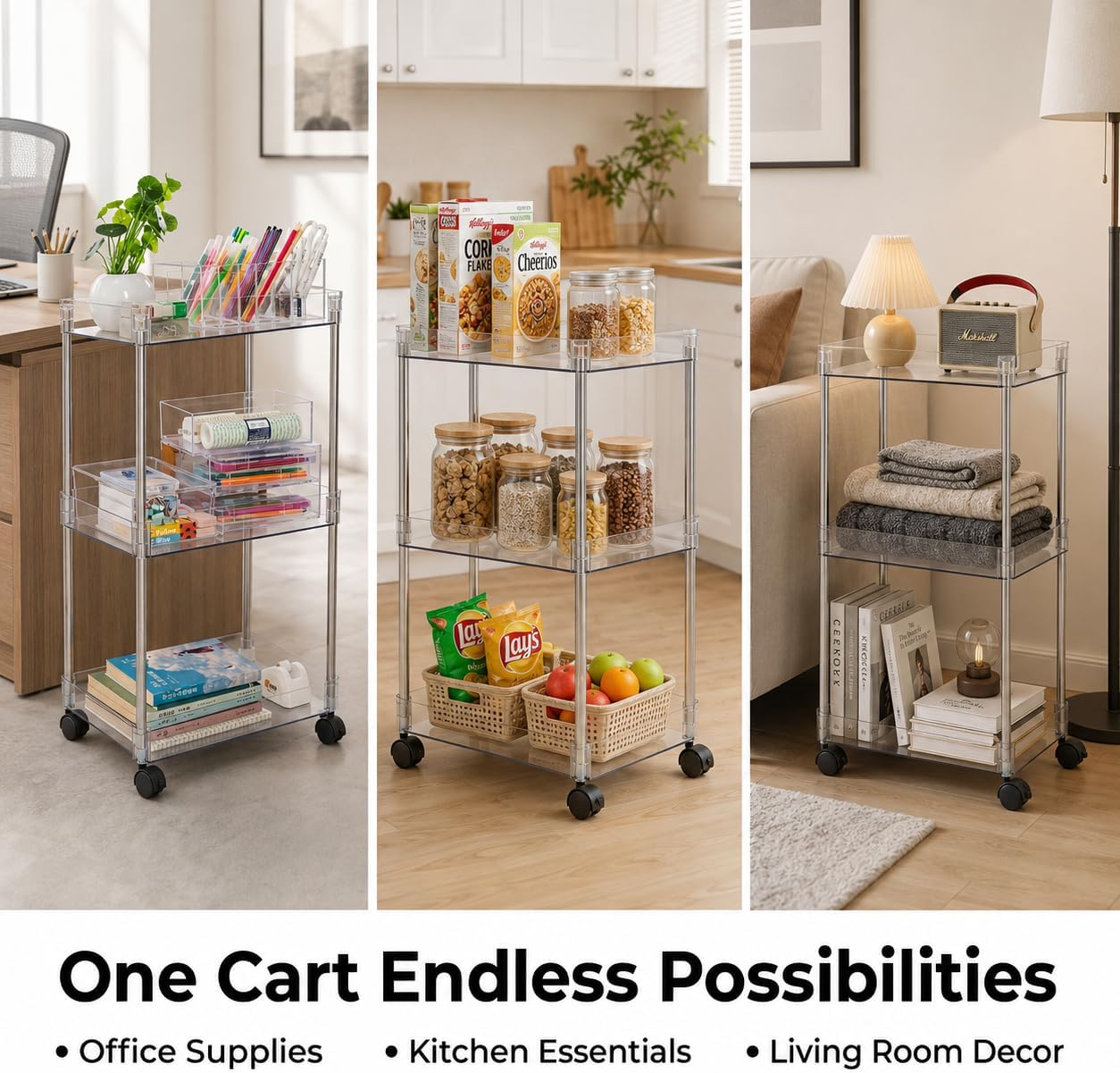 American Dream Home Chrome/Clear Acrylic Slim 3-Tier Rolling Cart Portable Narrow Storage Trolley with Wheels, Transparent Shelves for Bathroom, Kitchen, Office & Small Spaces