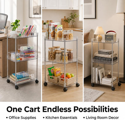 American Dream Home Chrome/Clear Acrylic Slim 3-Tier Rolling Cart Portable Narrow Storage Trolley with Wheels, Transparent Shelves for Bathroom, Kitchen, Office & Small Spaces