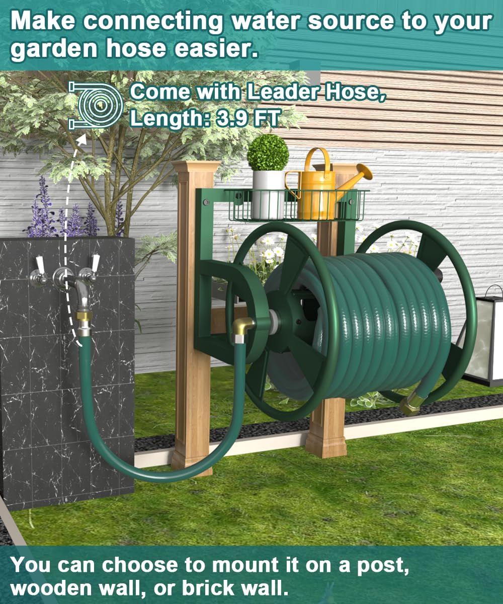 Artigarden Garden Wall Mounted Hose Reel, Outdoor Heavy-Duty Water Hose Holder Winder, Holds 125 Feet of 5/8-Inch Hose, with 3.9 ft Leader Hose, Water Fitting and Storage Basket for Yard, Black