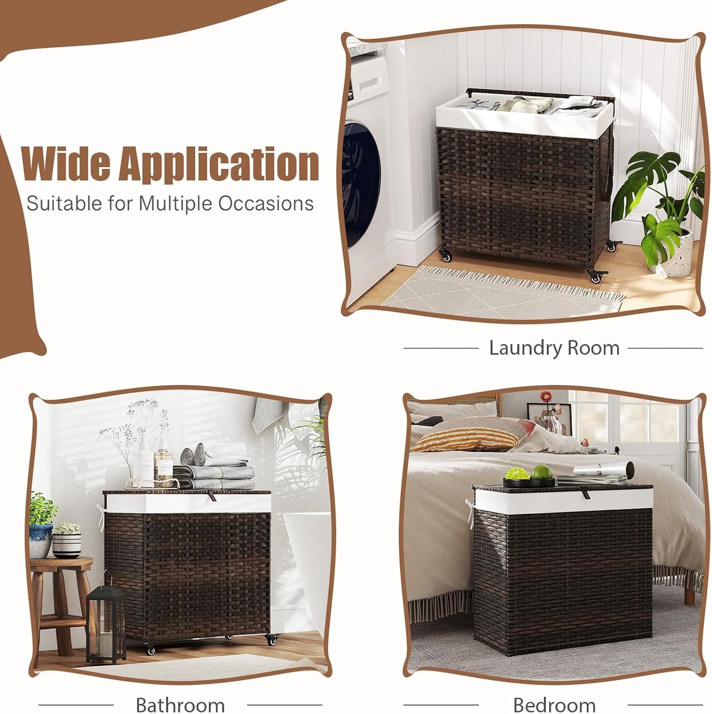 GOFLAME Laundry Hamper with Lid and Wheels, 125L Hand Woven Rattan Laundry Basket with 3 Divided Sections, Handles, 2 Removable and Washable Liner Bags, Dirty Clothes Hamper for Bedroom (Natural)