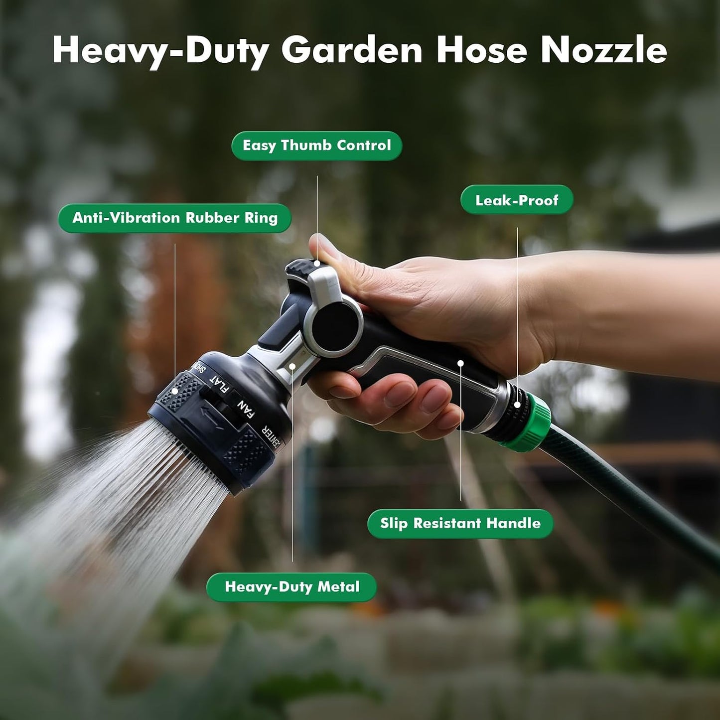 RESTMO Water Hose Nozzle Heavy Duty, Adjustable Garden Sprayer for Outdoor | 2-in-1 Twist Control, 9 Spray Patterns, Thumb ON/OFF Full Flow, Best for Plant & Lawn Watering, Car & Pet Cleaning, Green