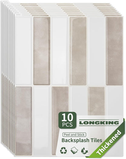 LONGKING 10-Sheet Thickened Peel and Stick Subway Tile Backsplash for Kitchen, Vertical Strip Design, Marble Tile, Waterproof Wall Sticker for Kitchen & Bathroom, Beige&White