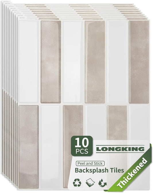 LONGKING 10-Sheet Thickened Peel and Stick Subway Tile Backsplash for Kitchen, Vertical Strip Design, Marble Tile, Waterproof Wall Sticker for Kitchen & Bathroom, Beige&White