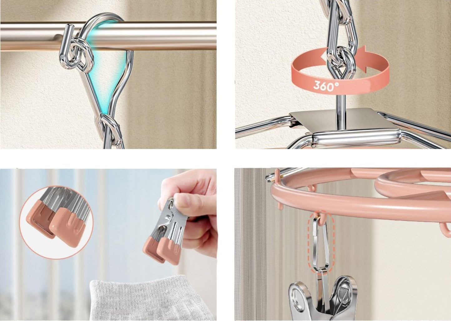 Drying Rack for Sock, Stainless Steel Sock Drying Rack with 23 Clips, Swivel Hook Windproof Hanger for Sock, Laundry, Hat, Scarf, Bras, Towel, Underwear, Pants, Gloves (White)