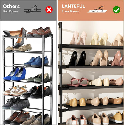 LANTEFUL 10 Tiers Tall Shoe Rack 20-25 Pairs Boots Organizer Storage Sturdy Narrow Shoe Shelf for Entryway, Closets with Hooks, Black